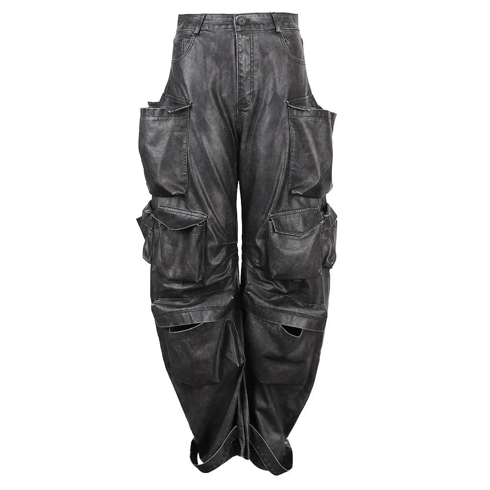 S / Dark Gray Vintage Streetwear Motorcycle Casual Baggy Pocket Cargo Trousers Loose PU Faux Leather Pants Women