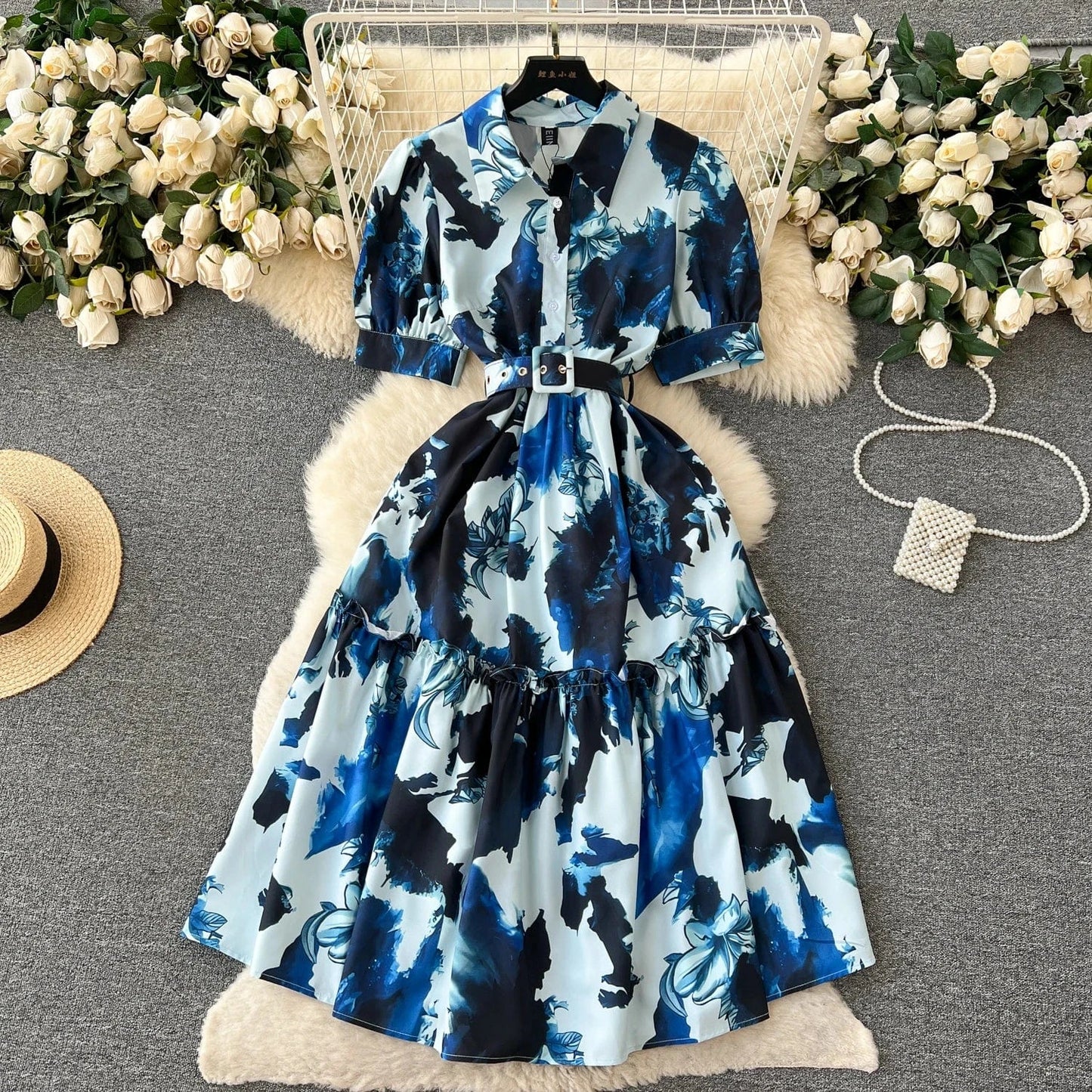 S / Decor Slim Fitting Medium Length Short Sleeved Waist Closure Printed Shirt Single Breasted Dress With Belt