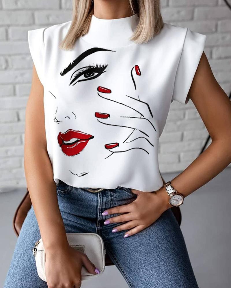 S / Eyelash Summer Large Size Shirt Short Sleeve Printed Lip Women Casual Blouse