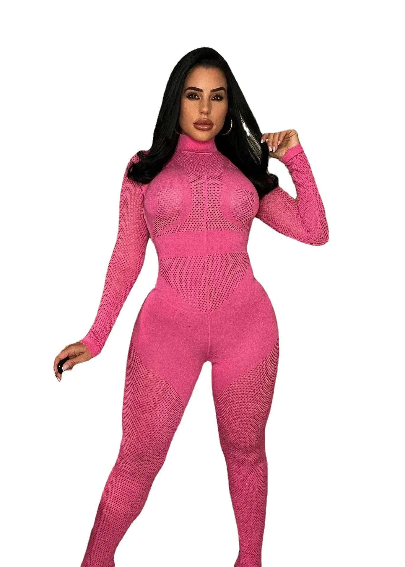 S / Fuchsia Fall Winter Clothing 2023 New Arrivals Women Birthday Jumpsuit Tight Fitting See Through Sexy Long Sleeve Knit Sweater Jumpsuit