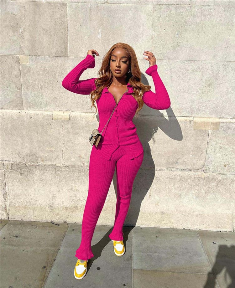 S / Fuchsia Fashion New Solid Color Long Sleeve Rib Winter 2 Piece Sets For Women Two Piece Pants Set Women