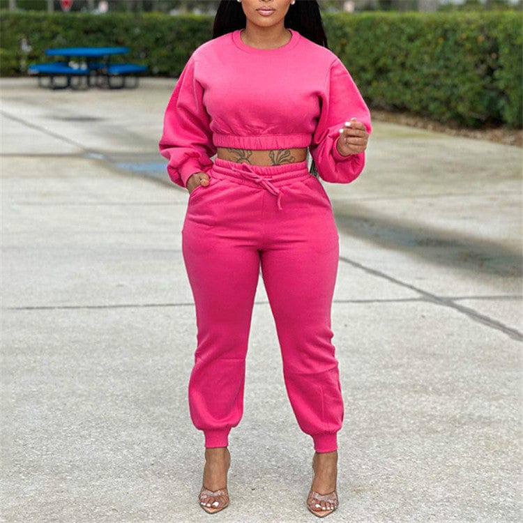 S / Fuchsia Hoodies Sweatshirt Tracksuit Fashion Soild Long Sleeve Sweatpants Female Joggers Women 2 Piece Sets