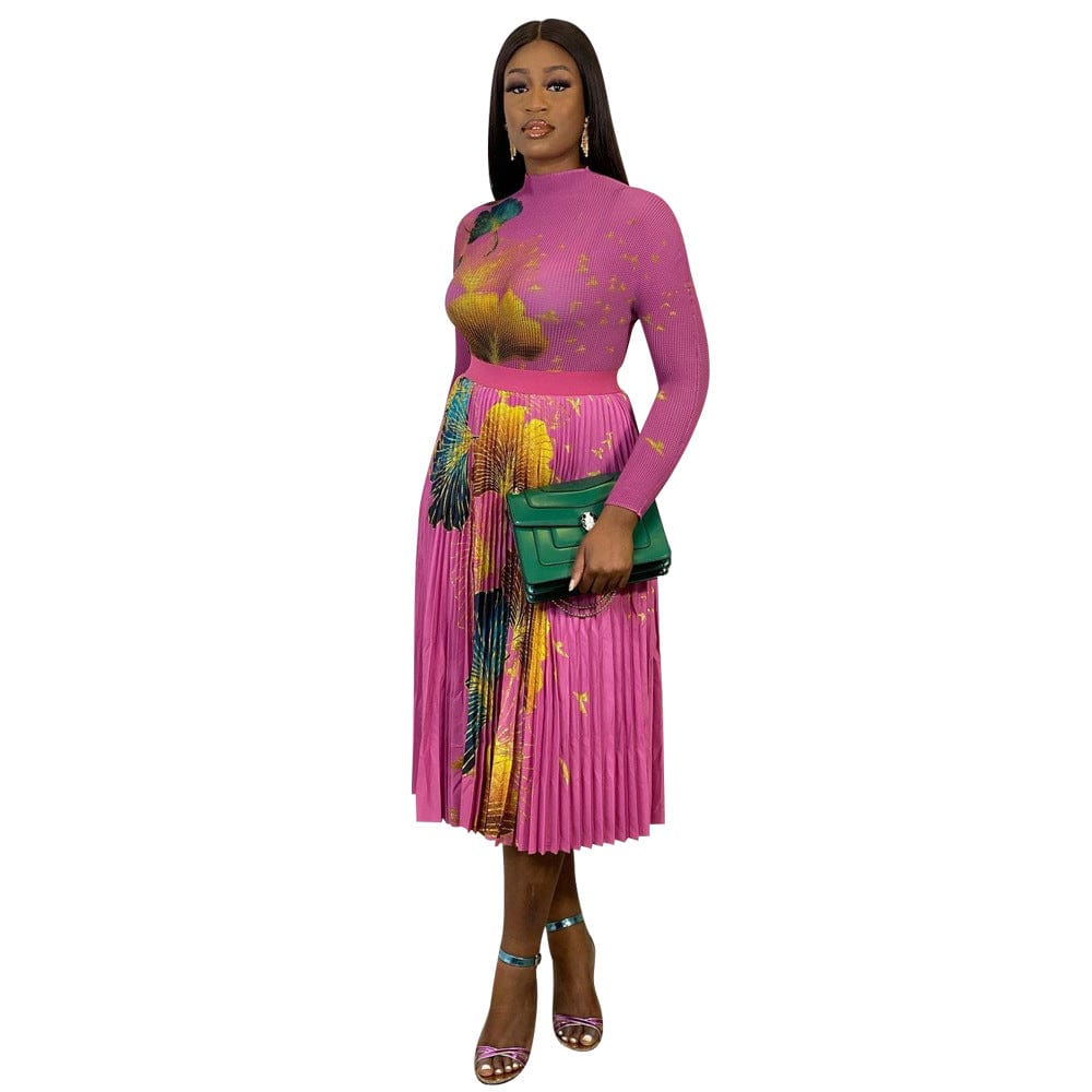 S / Fuchsia Hot Selling 2023 Spring Women Clothes Fashion Printed Pleated High Waisted Africa Two Piece Skirt And Top Set for Women