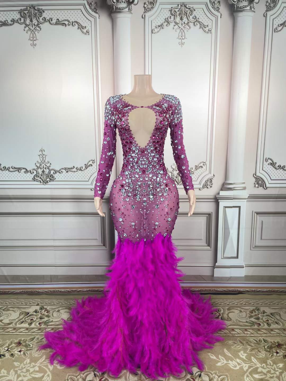S / FX220742 Latest Design Silver Crystal Purple Diamond Party Dress Purple Feather Maxi Standard Prom Dresses 2023 Evening Gowns Sexy