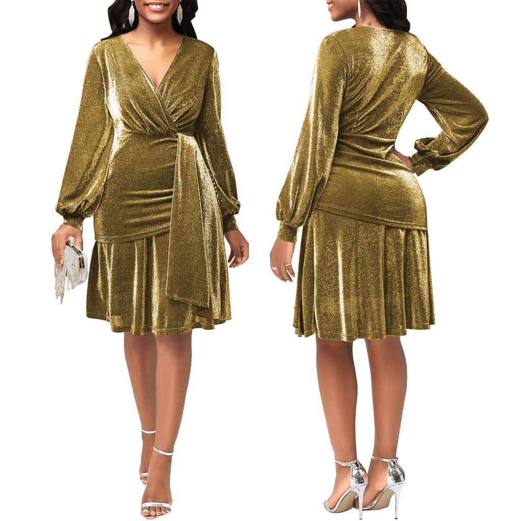 S / Golden C1103TA21 High Quality Elegant Solid Color V Neck Spliced Pleated Night Dress Women Sehe Fashion