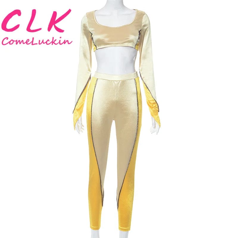 S / Golden Fall Clothing Fashionable Color Contrast Two Piece Pants Set Long Sleeve Crop Top 2 Piece Set Women