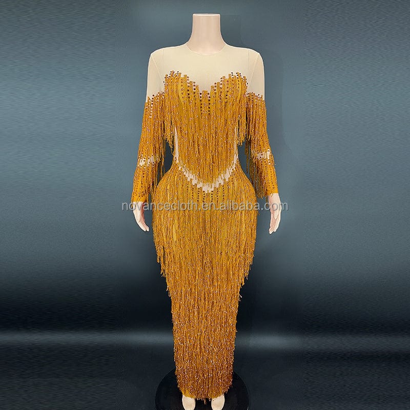 S / Golden Nocance Y2341-A Elegant Dresses 2022 Tassel Women Pregnancy Dresses Sexy Club Wear Plus Size Formal Dress Evening Elegant