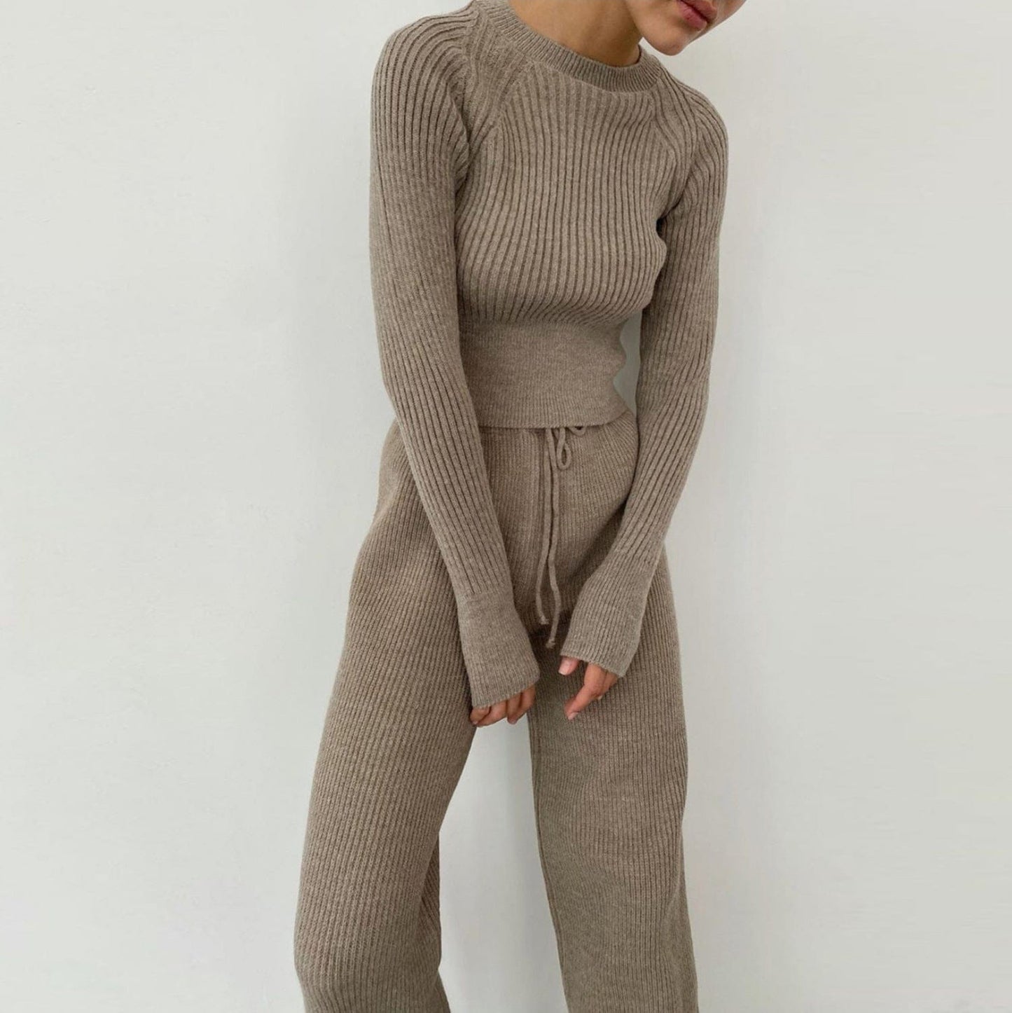 S / Gray 2022 casual fashion women's solid color cardigan long-sleeved knitted trousers sweater two-piece suit