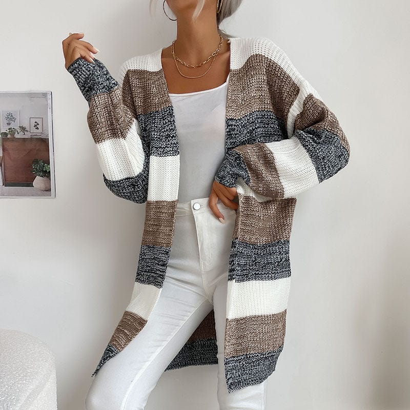 S / Gray and White Womens Color Block Sweater Coat Outwear Long Sleeve Open Front Loose Knitted Cardigan Sweaters