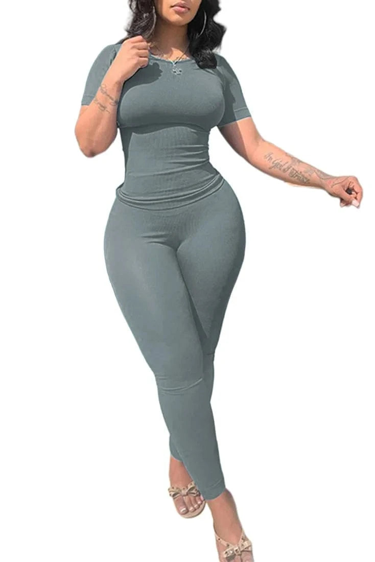 S / Gray blue Hot sale Poly stretchy rib fabric crew neck short sleeve t shirt elastic waistband legging two piece pant set women