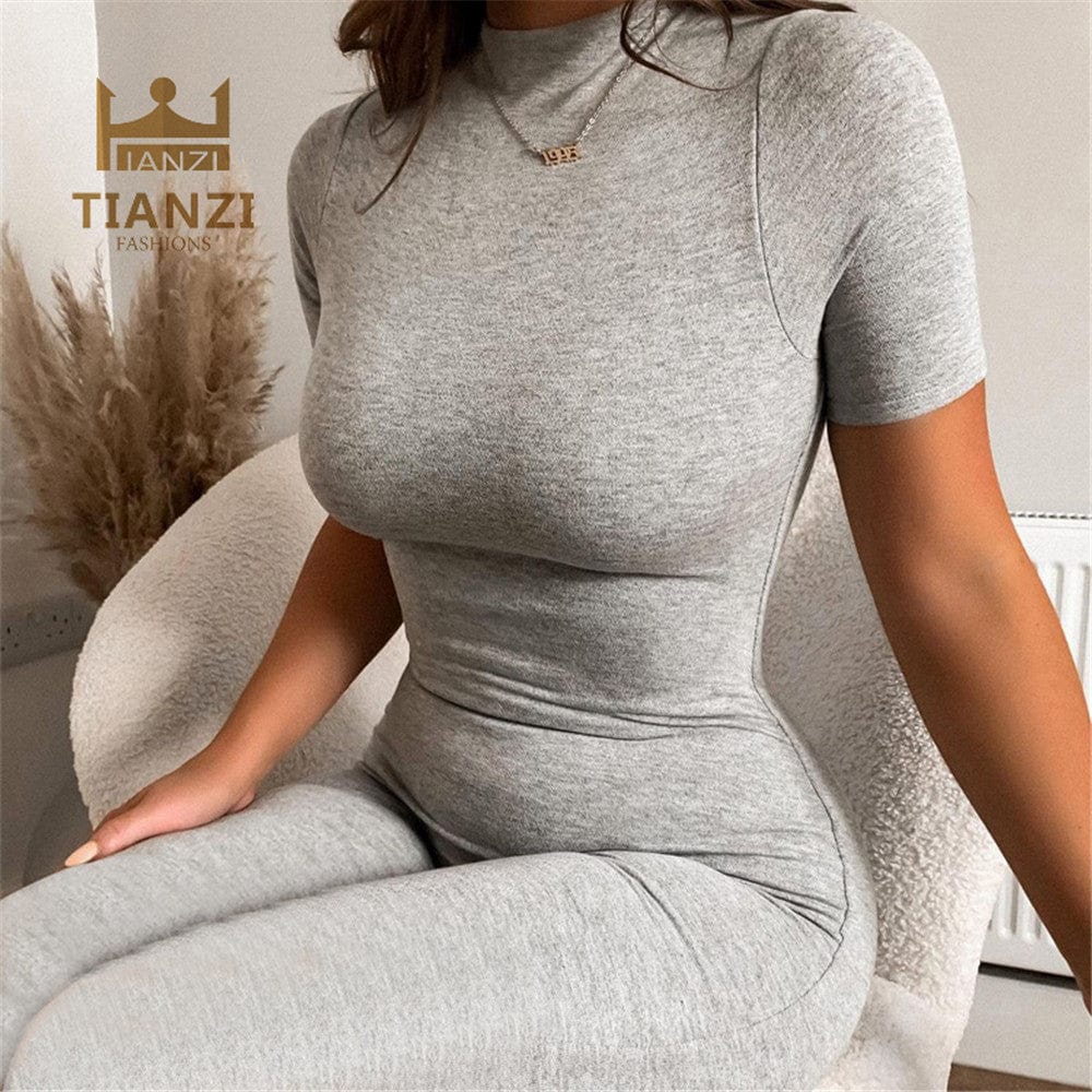 S / Gray Fashion Short Sleeve Bodycon Women One Piece Jumpsuits