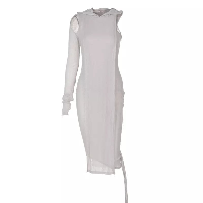 S / Gray Kliou M21D07233 Autumn Fashion Irregular One Shoulder Long Sleeves Solid Color Slim Dress See Through Hooded Maxi Dress Ladies