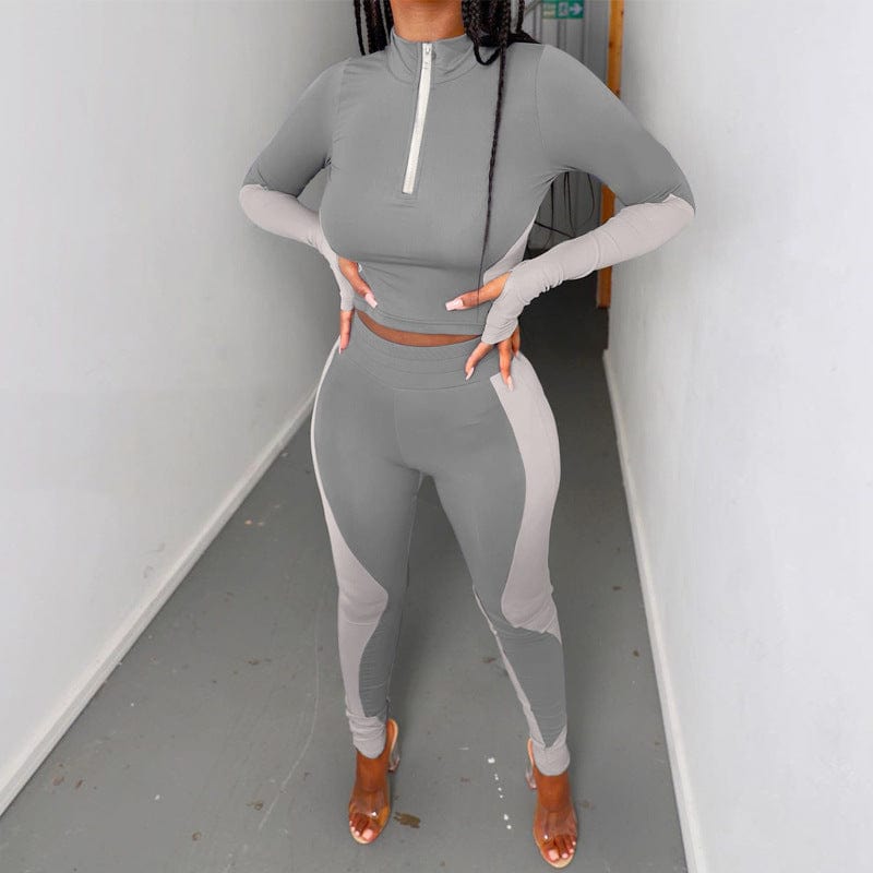 S / gray Low moq hot sale fashion spring new arrival contrast color long sleeve mock neck sweatshirt 2 piece outfit