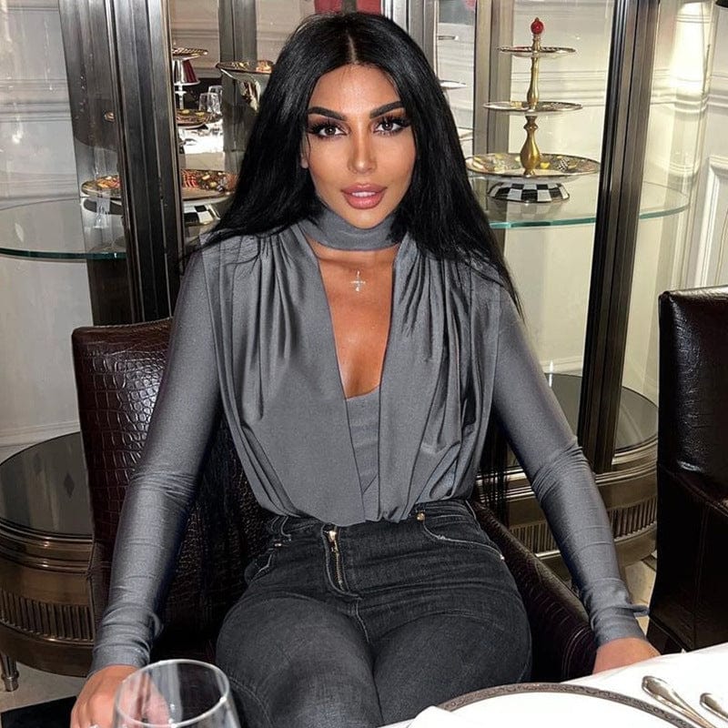 S / Gray Lygens 10654 Dtretchy Elegant Seep V Long Sleeve Solid Women'S Bodysuit 2022 New Winter Evening Party Outfit Wholesale Clothing