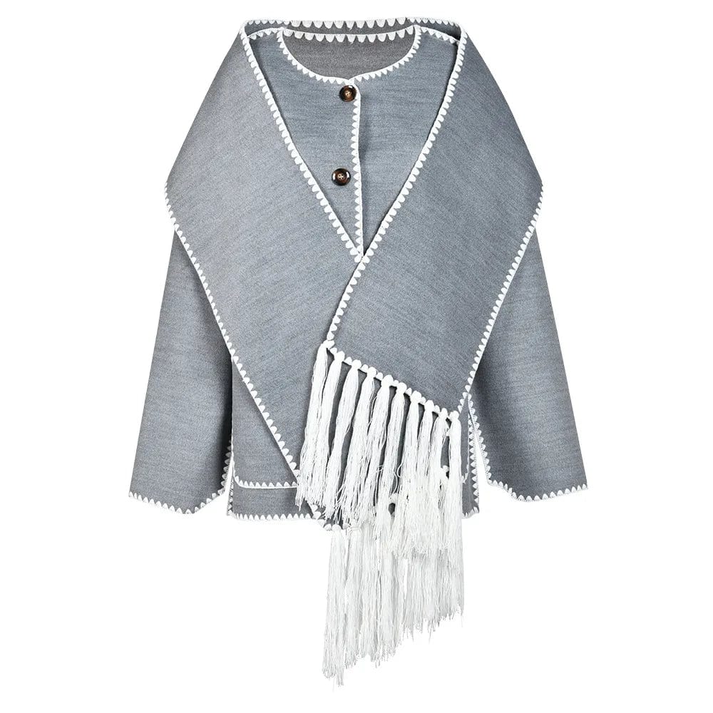 S / Gray OUDINA French Style Double-sided Woolen Coat For Women Scarf Collar Tassel Cape Woman Jacket Winter Coat