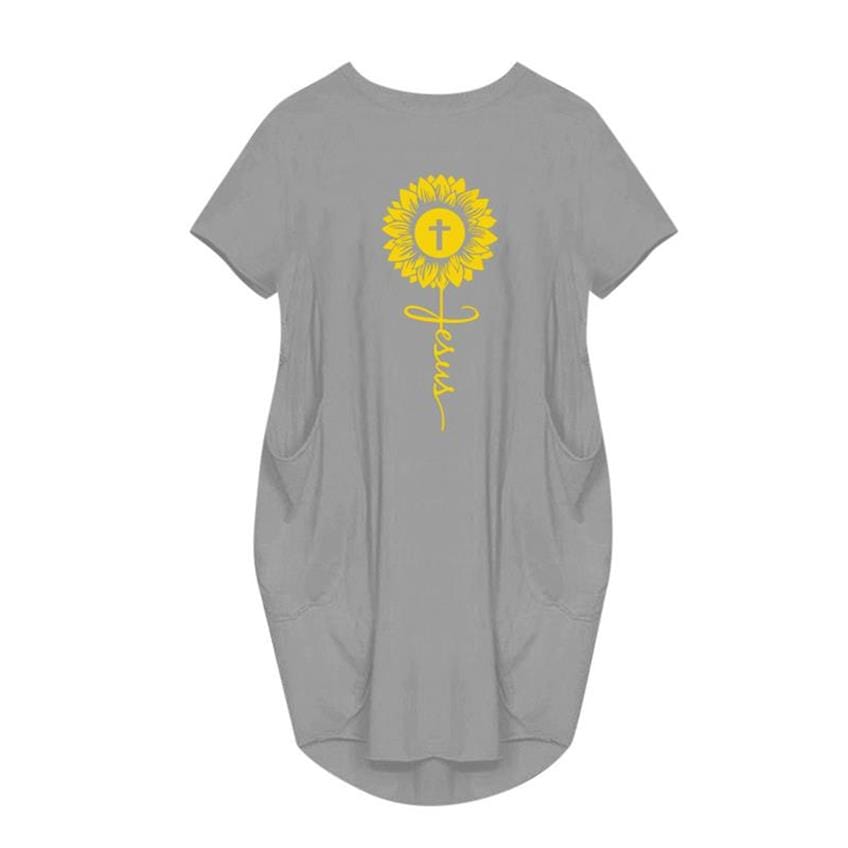 S / Gray Sunflower Print Plus Size Dresses For Women Ladies Oversized Short Sleeve Pocket Mini Dress Casual Loose Summer Faith JesusCross