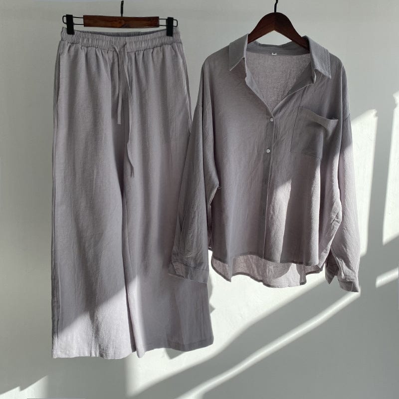 S / Gray Vintage Solid Women Two Piece Set Cotton Linen Turn-down Collar Shirt Elastic Drawstring Pants High Waist Loose Plus Size S26001