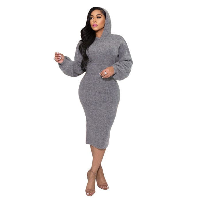 S / Gray Z3420-New arrival solid color casual sweater dress women clothing hoodie dresses