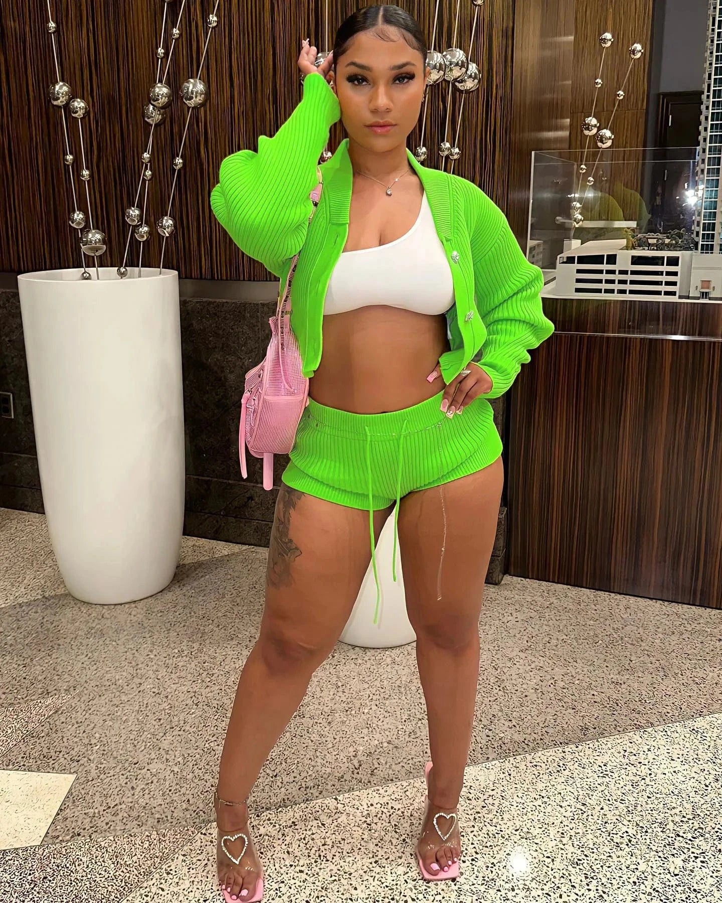 S / green 2023 Fall Clothing Knitted 2 Piece Set Women  Cardigan and Short Pants Two Piece Women Fitness Outfits