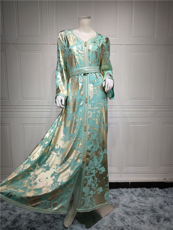 S / green Abaya Hotstamping New Woman Gold Blocking Printed Ladies Long Sleeves Elegant Robes Women Luxury Abaya With Belt