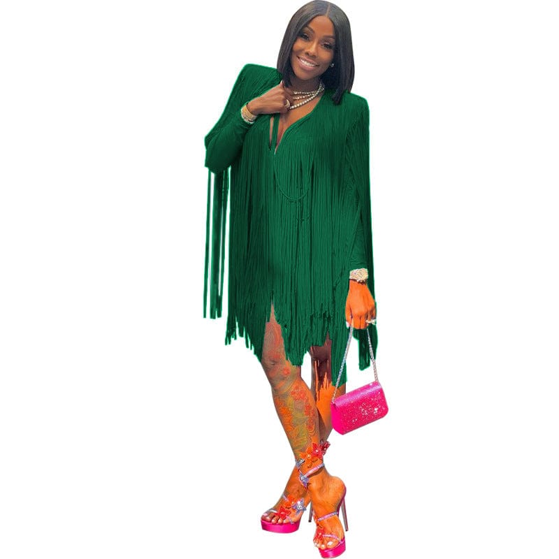 S / green B691 women fashion V-neck long sleeve party dress Fringe skirt