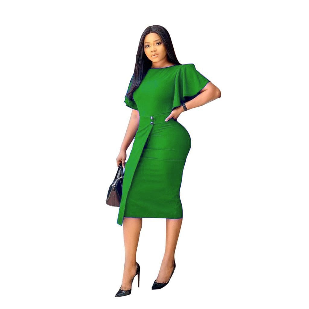 S / green C1102ME76 New Arrival Casual Solid Color Ruffles Sleeve Spliced Bodycon Office Dress Women Sehe Fashion