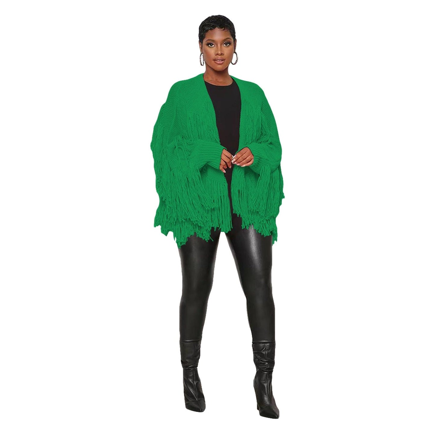 S / green C1103TA82 New Design Autumn Casual Solid Color Tassel Cardigans For Women Sehe Fashion