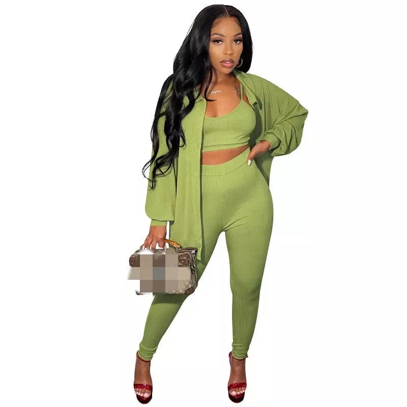S / green cardigan tank top and pant there piece women outfit clothing 2022 autumn 3 piece pant suit