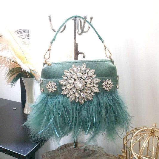 S / green Designer Wedding Party Handbag Rhinestone Feather Evening Tote Bag Ladies Luxury Ostrich Fur Women Purse and Handbag