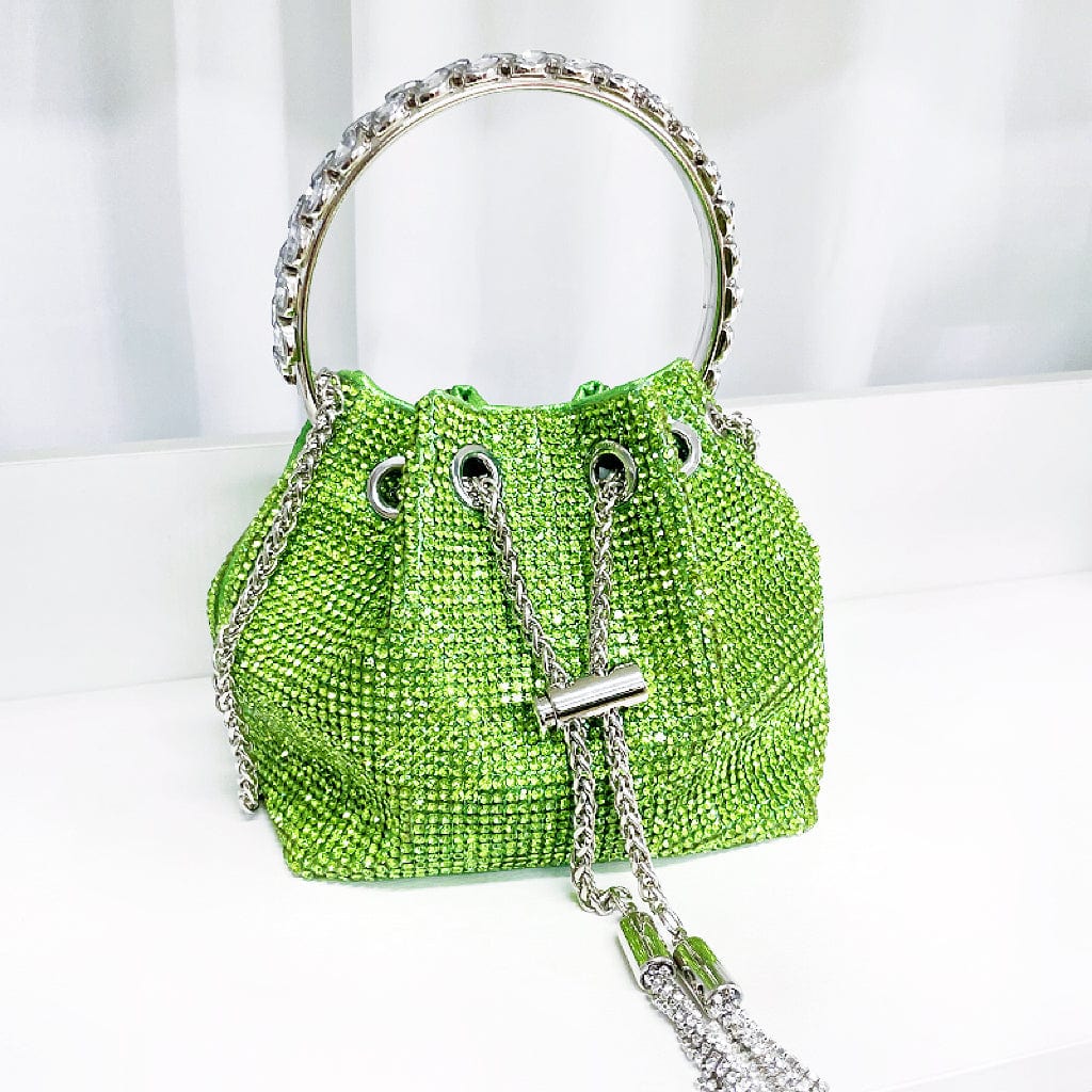 S / green Diamonds Tassel Evening Clutch Bag Women Luxury Designer Chain Metal Ring Handle Shiny Crystal Bucket Purse Bridal Wedding Party