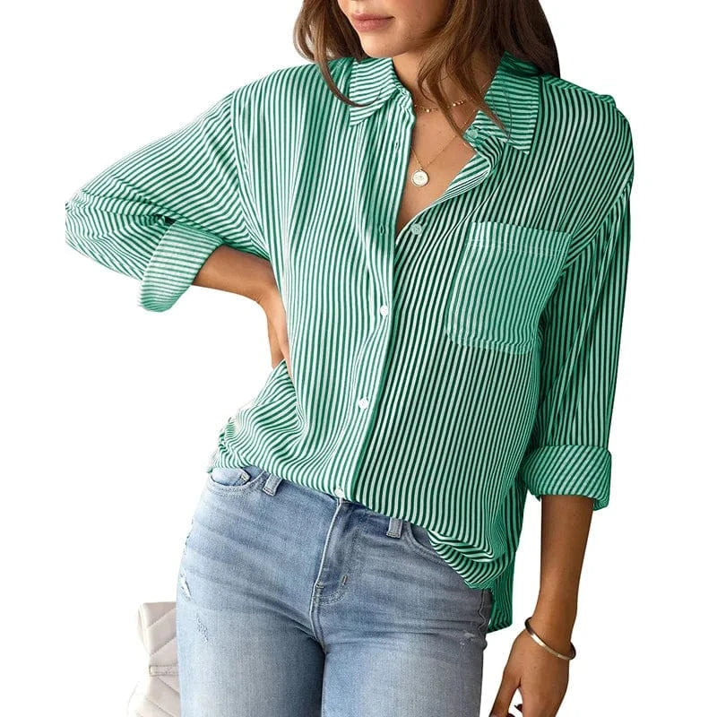S / green European Foreign Trade Women's clothing 2023 Autumn New Striped Cardigan top Loose casual Long sleeve shirt For Women