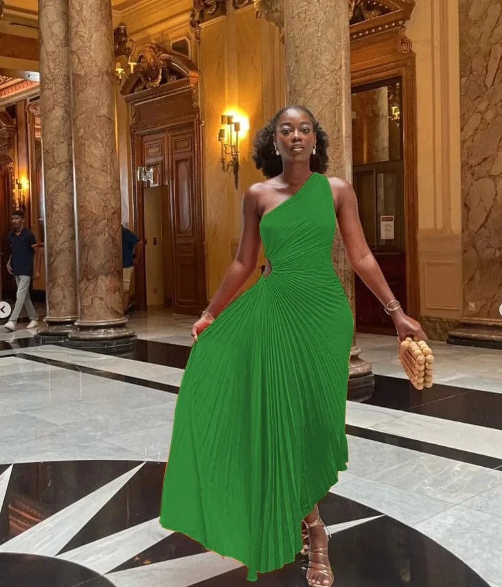 S / green Hot selling ladies elegant party long maxi sexy dress sleeveless one single shoulder pleated women's dresses