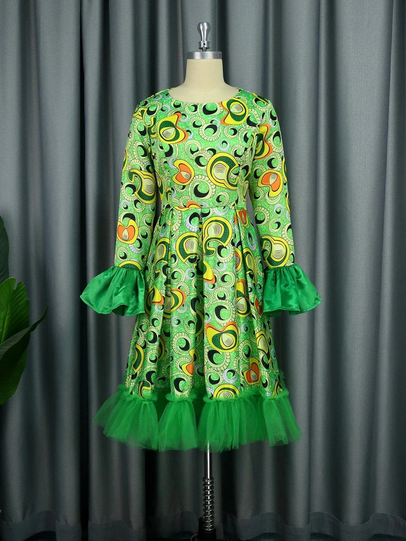 S / green Mesh A Line Printed AOMEI Green Christmas Plus Size Women Party Dress