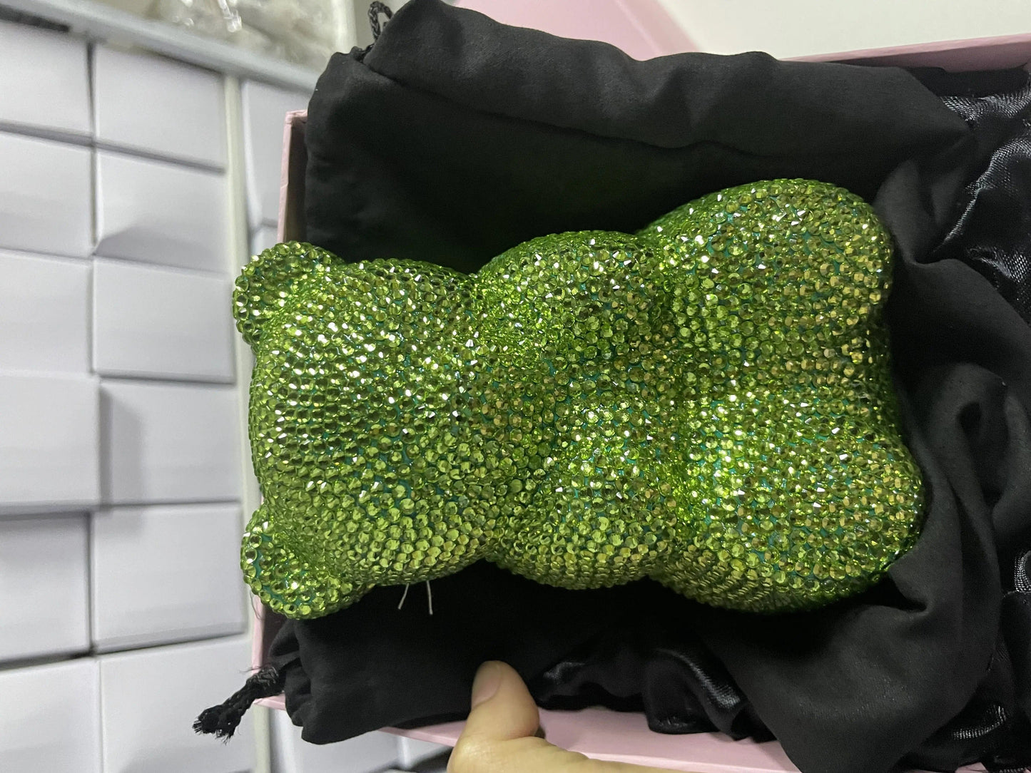 S / green New Arrived Handmade Animal Shape Full Crystal Bag Cute Bear Purses Women Bling Rhinestone Teddy Bear Purse Bags of Crystals