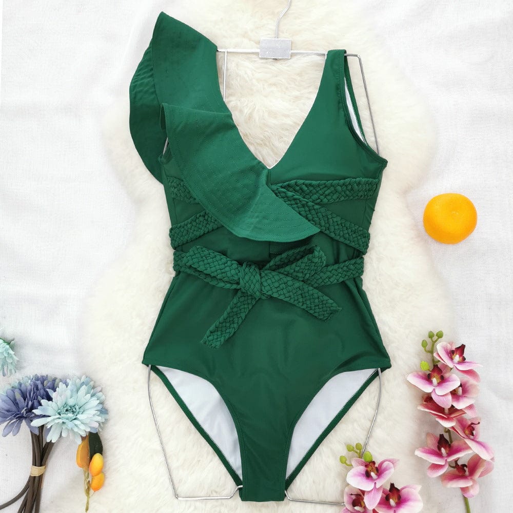S / green New High Quality Designer One Shoulder Ruffled Braided Belt High Waist Bathing Suit Monokini One Piece Swimsuit for Women