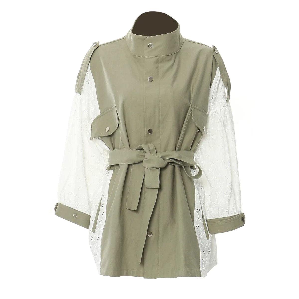 S / green OUDINA New Products Wholesale Loose With Belt Patchwork Lace Coat Trench Jackets Retro Windbreaker Jacket