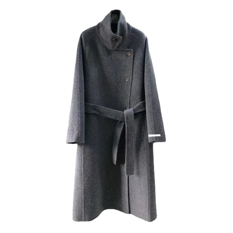 S / Grey High Quality Solid Color Cashmere Overcoat Women Fashion Belted Long Coats for Ladies