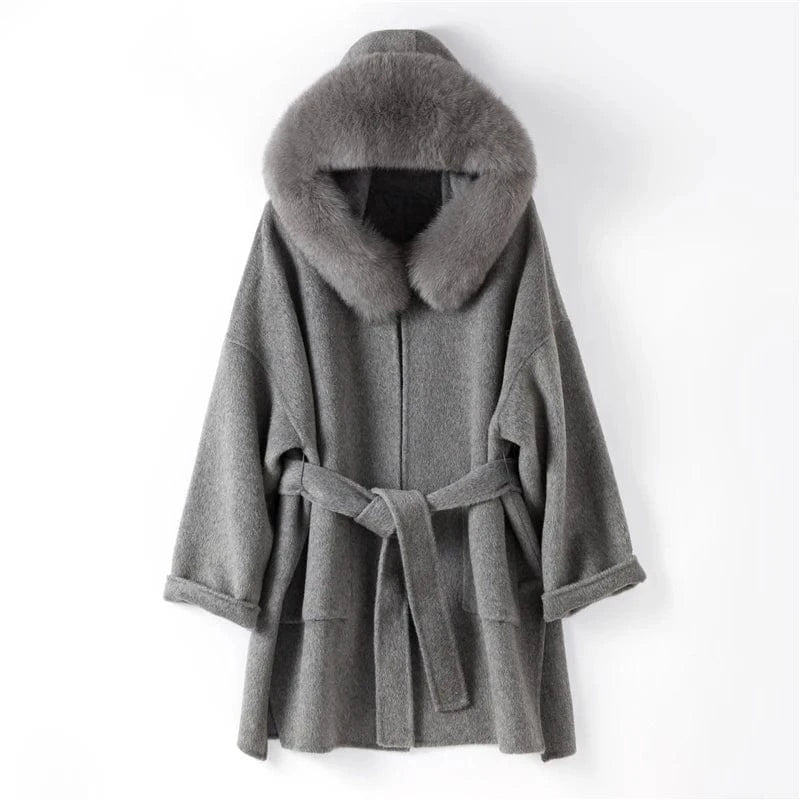 S / Grey women genuine wool fur coat winter female lady elegant fox fur collar hooded long jacket overcoat trench plus size TX205602