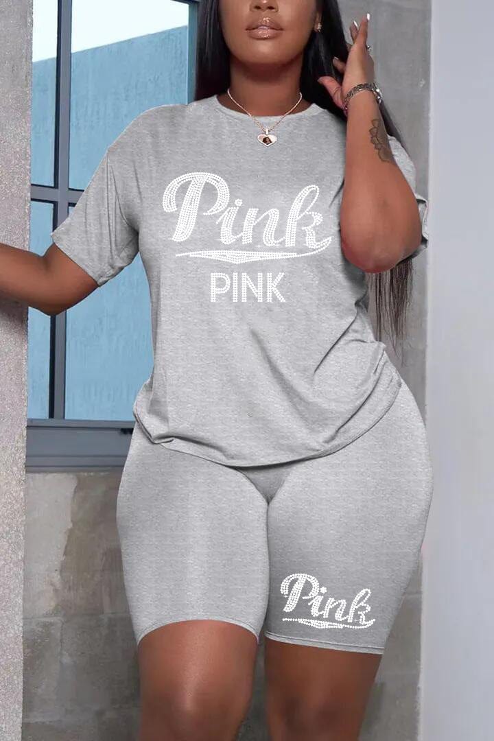 S / Grey Z106463 Summer women's Plus Size two piece Casual crystal decoration t-shirts shorts two piece set
