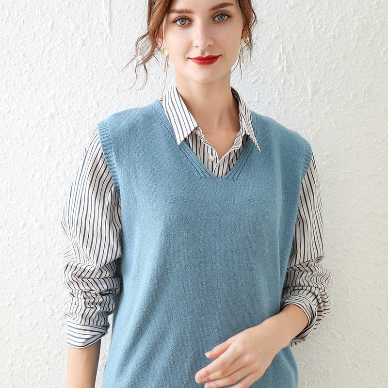 S / Haze blue 2022 Autumn And Winter New Vest Jacket Women's Sleeveless Sweater Knitted Pullover V-Neck Outer Wear For Women