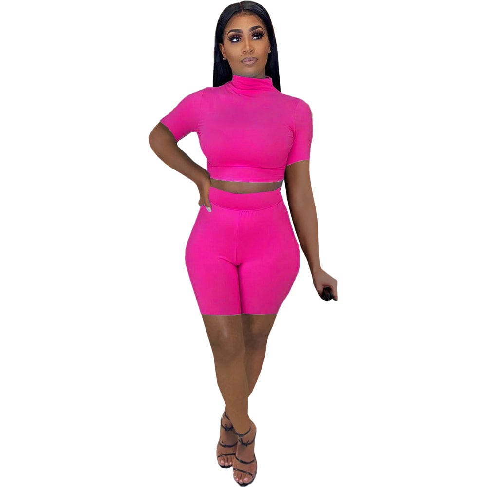S / Hot Pink 2 Piece Short Set Women s Blank Wholesale Summer Outfits Gym Fitness Two Piece Workout Shorts Sets with Short Sleeves