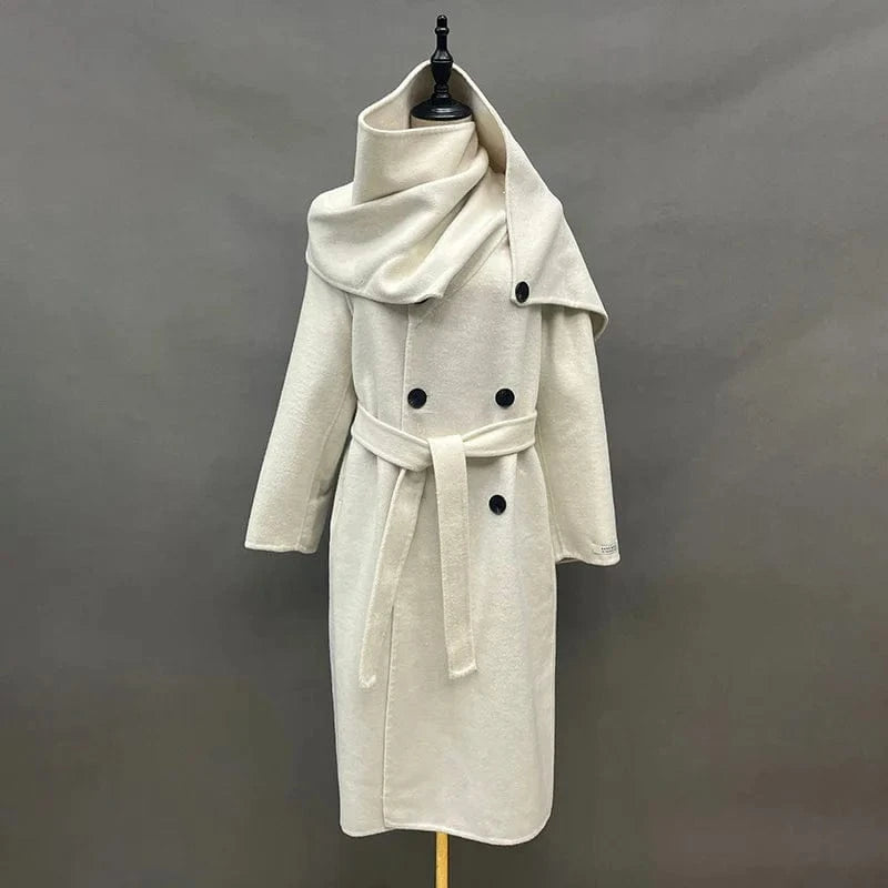 S / Ivory High Quality Oversized Cashmere Coat Winter Elegant Women Wool Coats with Scarf