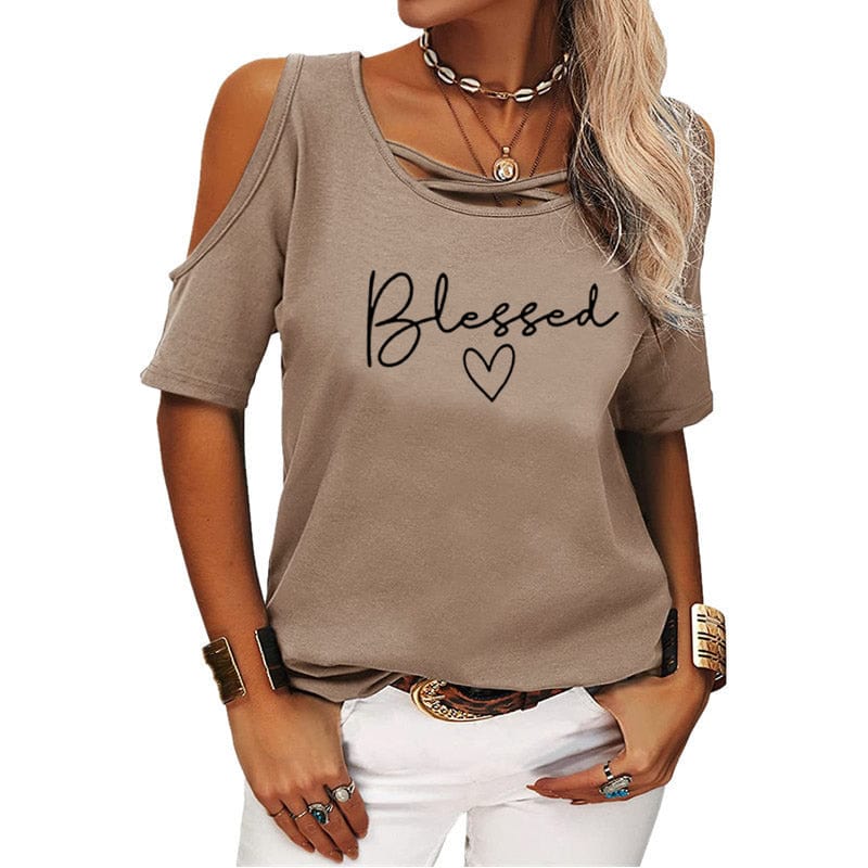 S / Khaki 2022 Blessed shirts for women drop shoulder t-shirts american clothing tshirts with logo custom logo printed y2k cotton shirt