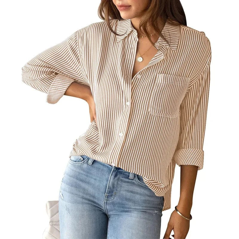 S / Khaki European Foreign Trade Women's clothing 2023 Autumn New Striped Cardigan top Loose casual Long sleeve shirt For Women