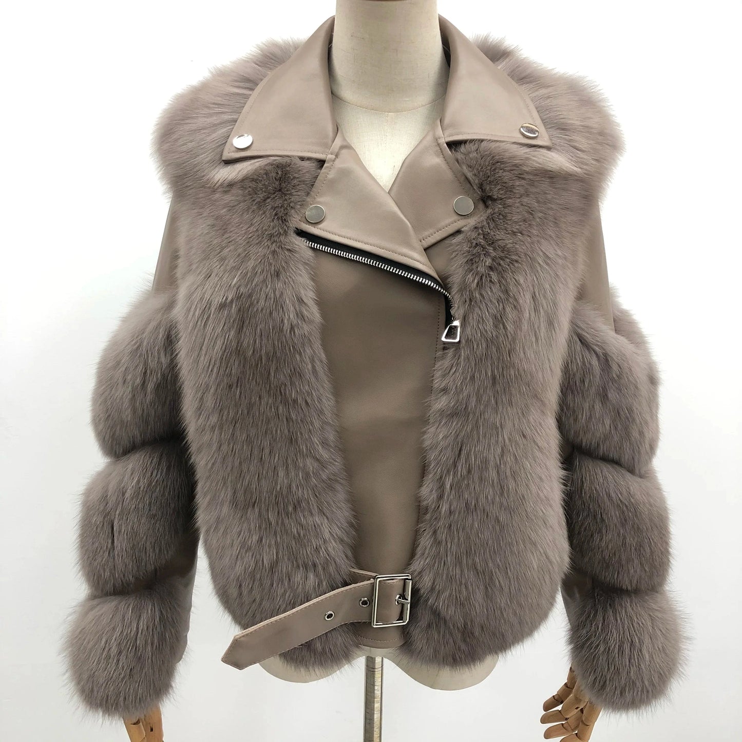 S / Khaki Hot Sell Warm Winter Genuine Leather Fluffy Real Fox Fur Jacket