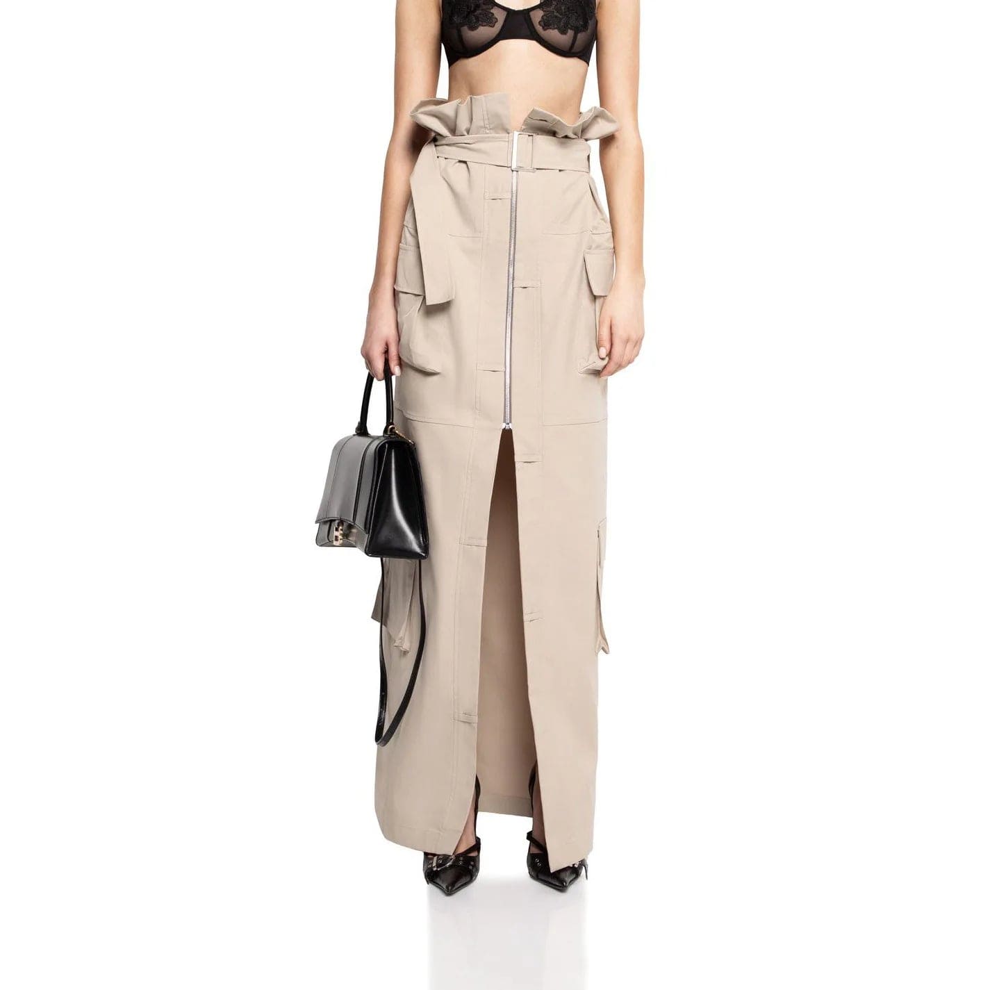 S / Khaki OUDINA 2024 New Hot Girl Cargo Denim Skirt Sexy Slit High Waist Belt Waist Versatile Unique Women's Long Skirt
