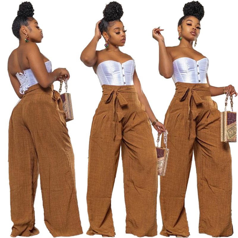 S / Khaki OUDINA New Arrivals Casual Pants For Women Long Trousers High Waist Belt Drawstring Wide Leg Pants