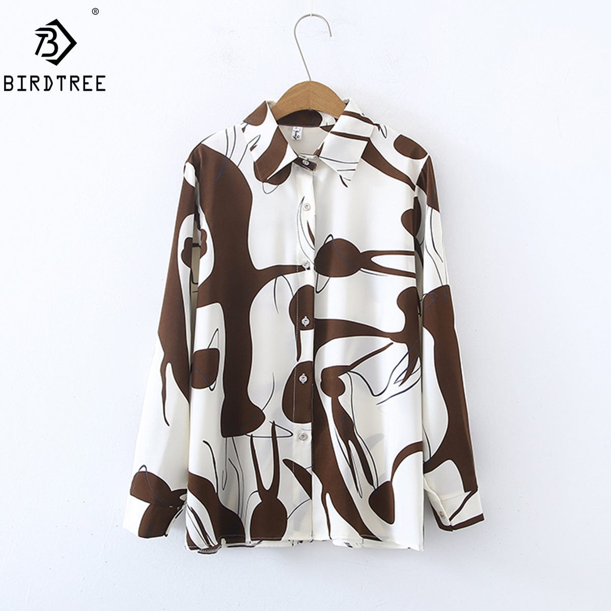 S / Khaki Women Shirts New Spring Girls Loose Abstrict Printing Long Sleeve Autumn Blouses All Match Tops European Style T25406N