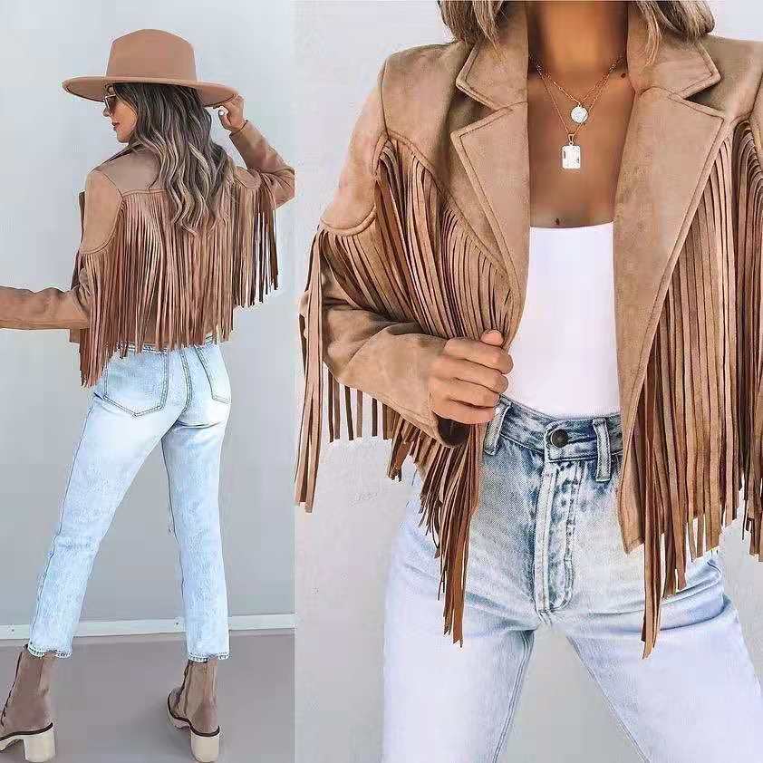 S / khaki Womens Vintage Lapel Long Sleeve Fringe Cropped Hippie Motor Biker Cardigan Outwears Faux Suede Tassel Jacket