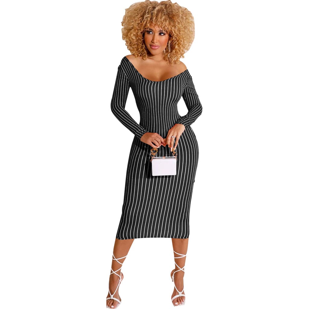 S / L36935-2 Sexy Stayfree Maxi Dress Fashion Striped Print Women's Midi Dresses